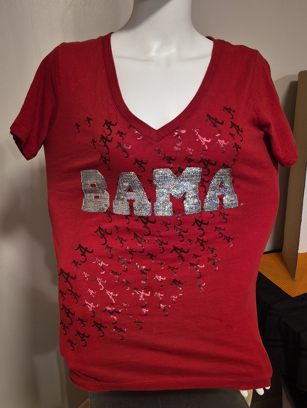 Women's Crimson V-Neck Tee with Sequin 'BAMA' Detail